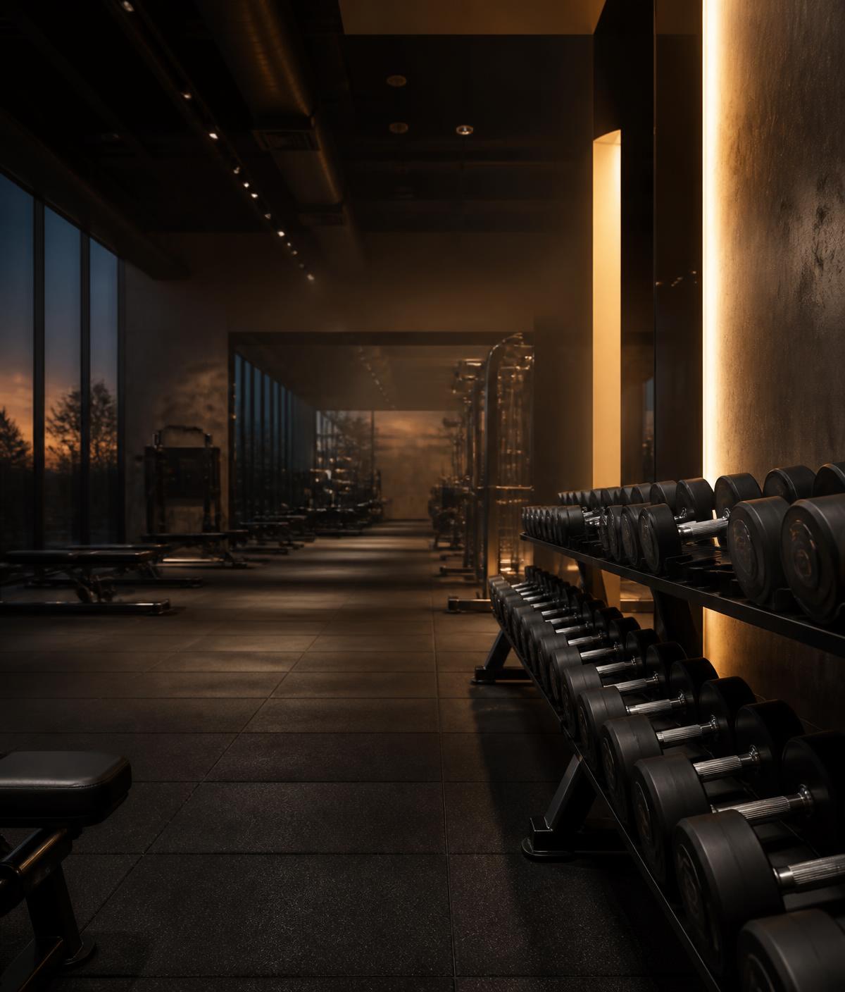 Dumbbell racks and training equipment on a modern gym floor